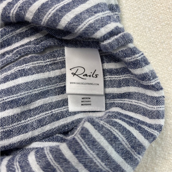 Rails Jasmine Tibet Stripe Blue White Linen Dress Long Sleeve Smocked Womens M - Picture 7 of 8